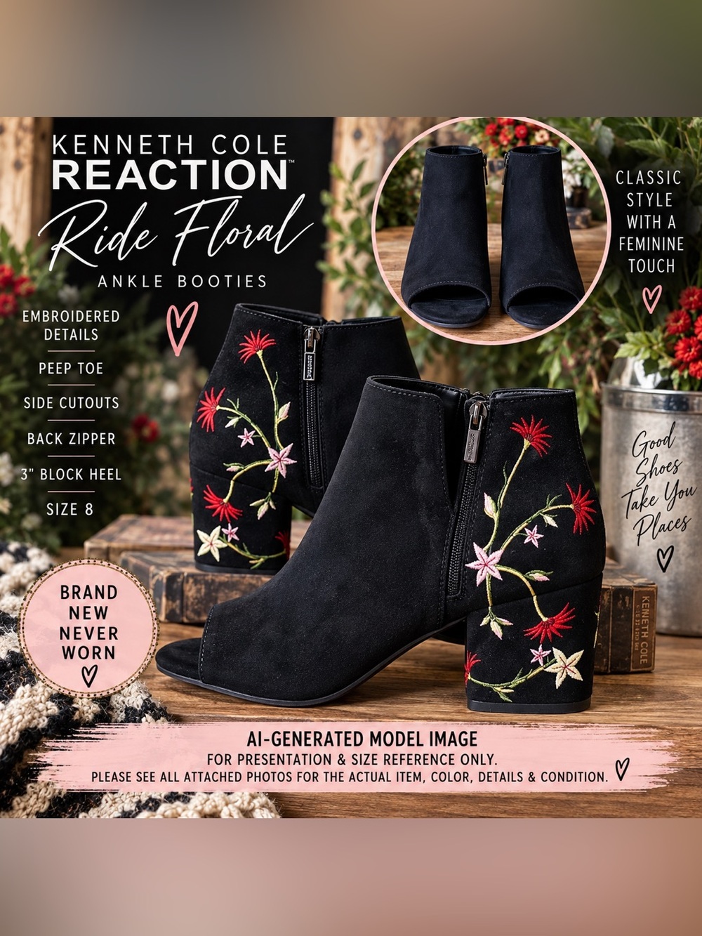 Kenneth Cole Reaction Ride Floral Embroidered Booties Size 8 New